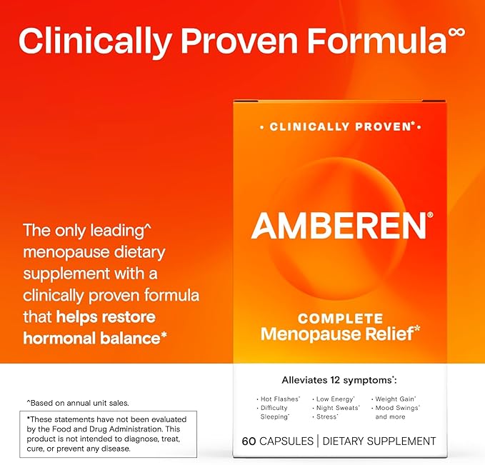 Amberen Menopause Supplement for Women, 60 Capsules, Clinically Proven, Helps Support Hormone Balance, Helps Relieve 12 Menopause Symptoms: Hot Flashes, Night Sweats, Mood Swings and More
