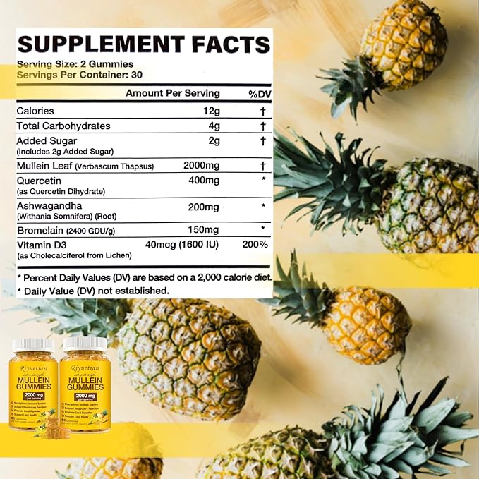 Mullein Gummies, 2000mg Organic Mullein Leaf Extract for Clear Lungs, Boost Respiratory & Digestive, Immune Booster for Adults & Kids, Allergy Friendly, Non-GMO, 60 Gummies