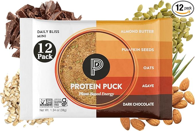 Protein Puck Vegan Plant based Protein Bar – Natural Healthy Snack Bars, 12 Count, 1.34oz Mini, Gluten Free, Dairy Free, No GMO, Kosher – Daily Bliss - Dark Chocolate, Almond Butter, Sport Nutrition