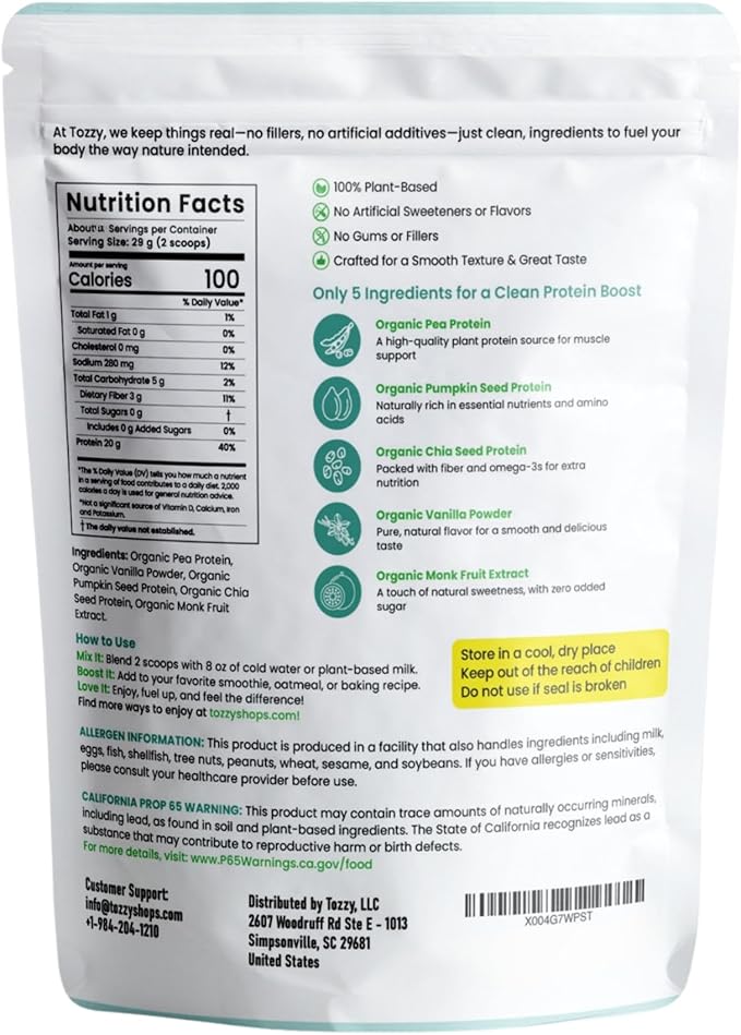 TOZZY Organic Vegan Protein Powder, Vanilla | 35 Servings | 20g Plant-Based Pea Protein | 5 Simple Ingredients | 0g Sugar | Keto | Gluten- & Dairy-Free (2.25 lb)