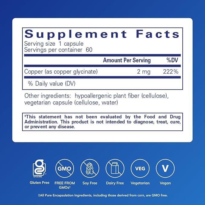 Pure Encapsulations Copper Glycinate 60's - 2 mg Copper Supplement, Supports Red Blood Cell Formation* - Aids Energy Metabolism - Non-GMO & Vegan - 60 Capsules