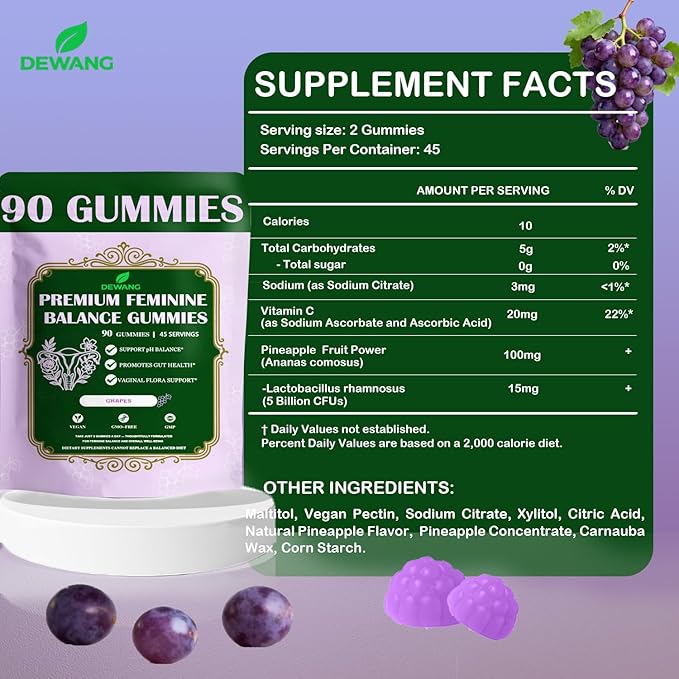 DEWANG Premium Feminine Balance Gummies for Women’s - Immune Support& PH Balance - Vegan, Gluten-Free - Grapes Flavor, 90 Count 45 Servings (2, Grape)