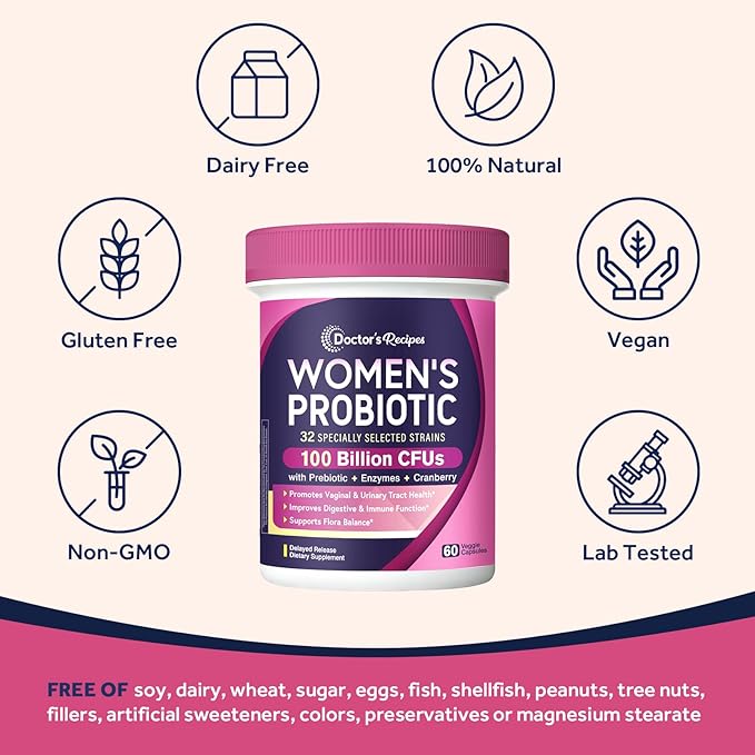 Doctor's Recipes Probiotics for Women, 100 Billion CFU 32 Strains, with Prebiotic, Enzymes & Cranberry, Shelf Stable, Delayed Release, 60 Caps