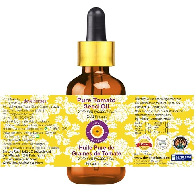 Deve Herbes Pure Tomato Seed Oil (Solanum lycopersicum) with Glass Dropper Cold Pressed 15ml (0.50 oz)