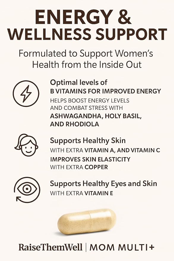 Raise Them Well Mom Multi+ Daily Multivitamin for Women with Active Folate, Adaptogens & Bacopa, Energy, Stress & Cognitive Support, 120 Veggie Capsules