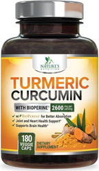 Turmeric Curcumin Supplement - 2400mg Organic Turmeric Per Serving - 95% Curcuminoids & BioPerine Black Pepper Extract for Best Absorption - Natural Vegan Joint Support, Bottled in USA - 180 Capsules