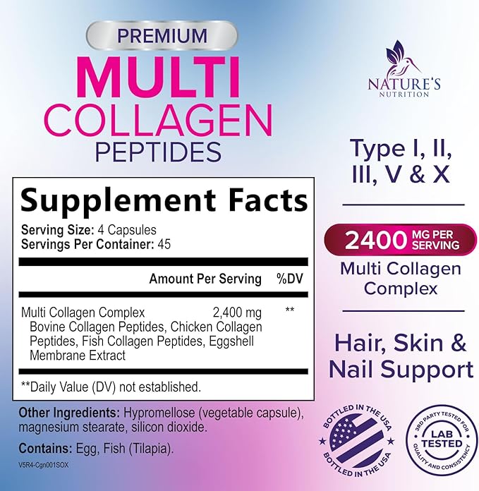 Multi Collagen Pills 2400 mg Per Serving - Advanced Types I, II, III, V, X - Hydrolyzed Multi Collagen Peptides Pills Supplement for Women & Men - Hair, Skin, & Nail Support Supplements - 180 Capsules