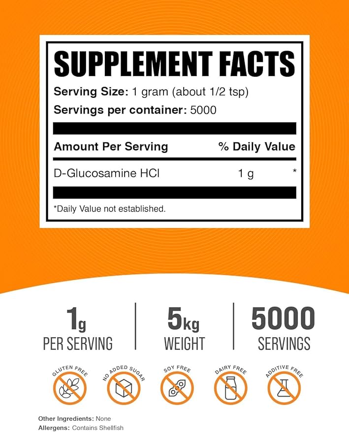 BulkSupplements.com Glucosamine HCl Powder - Glucosamine Supplement, Joint Support Supplement - Gluten Free, 1g per Serving, 5kg (Pack of 5) (11 lbs)