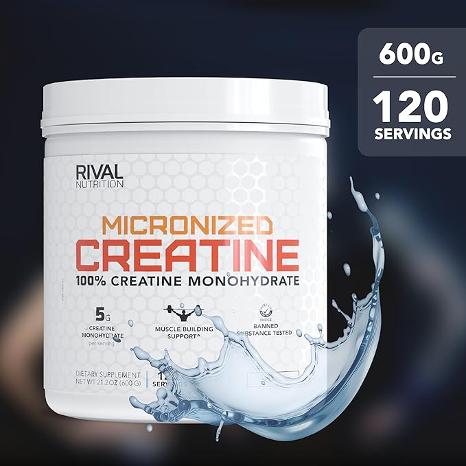 RIVAL NUTRITION Micronized Creatine I 100% Creatine Monohydrate Powder I 120 Servings I 5g Per Serving I Supports Muscle Performance, Lean Mass, and Cognitive Function | Unflavored I for Men & Women