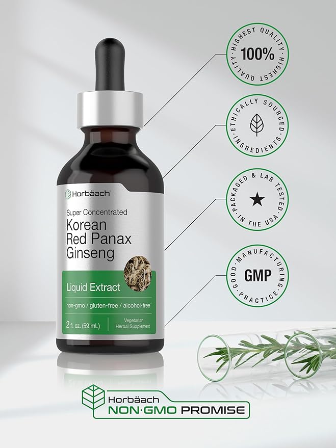 Horbäach Korean Red Ginseng | 2 fl oz Liquid Extract | Panax Ginseng | Vegetarian, Non-GMO, Gluten Free Supplement