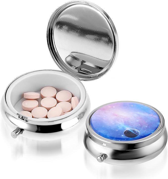 WLLHYF Pill Box Cute Small Pill Box for Purse & Pocket Medicine Organizer Travel Pillbox Waterproof Pills Cases Metal Pills Container Holder for Vitamins, Fish Oil, Supplements (Colorful Sky)