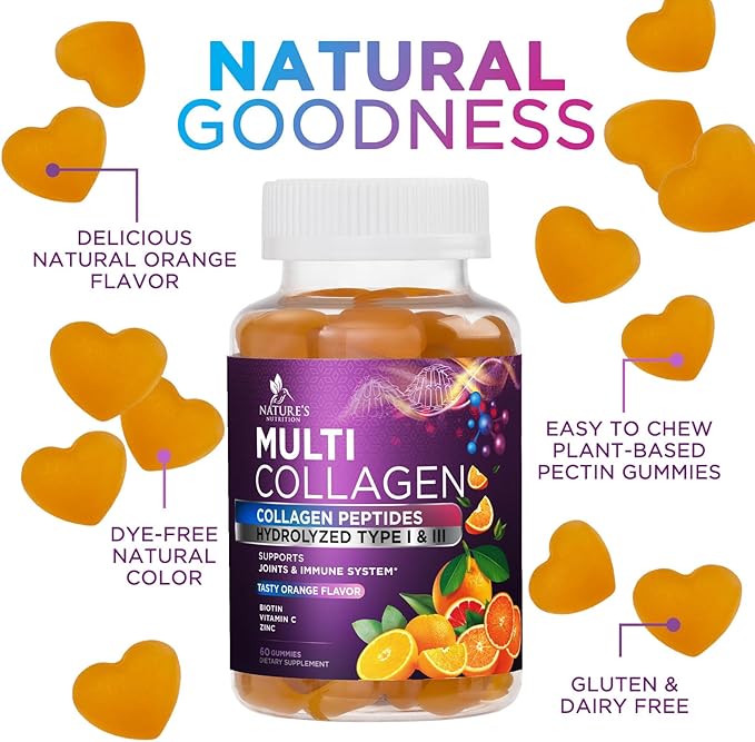 Collagen Peptides Gummies with 2500mcg Biotin Per Serving - Hair Growth, Skin & Nails Supplement - Hydrolyzed Collagen Multi Type I & III, Vitamin C for Immune Support, Orange Flavor, 60 Gummies