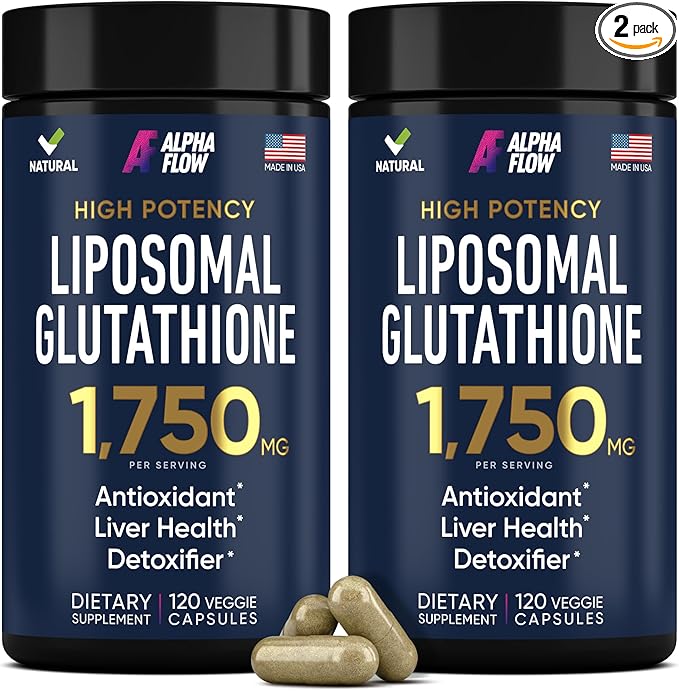 Alpha Flow (2 Pack) Liposomal Glutathione 1100mg – High Absorption Glutathione Supplement with Vitamin C, ALA & Phospholipid Complex – Liver Function, Skin & Immune Support – 240 Vegan Capsules