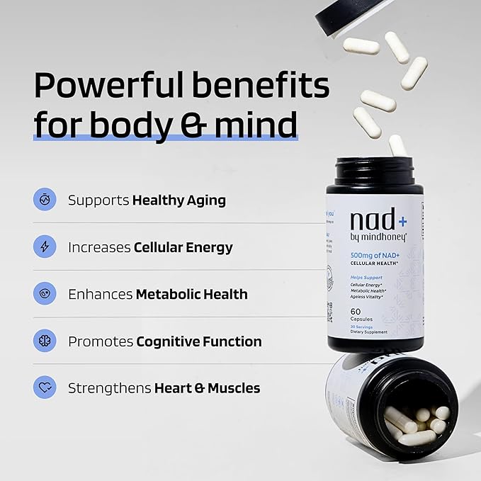 MINDHONEY | NAD+ Brain Supplement | 500mg NAD+ Premium Formula | Healthy Anti-Aging, Cellular Energy, Cognition, Metabolic Health, Heart + Muscle Support | Vegan, Non-GMO, Gluten-Free | 30 Servings