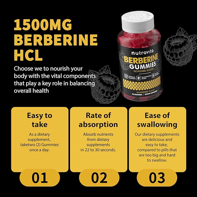 Nutravita Berberine Gummies with Ceylon Cinnamon 1500mg High Potency Berberine HCL Supplement for Immune and Metabolism Support, Sugar Free Organic Berberine Gummies Raspberry Flavor-2PACK