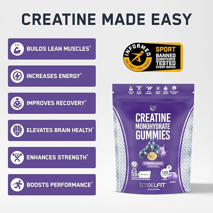 SteelFit Creapure Creatine Monohydrate Gummies for Men & Women, Concord Grape - Gym Workout Nutritional Supplements for Muscle Gain, Brain Health & Strength Building Dietary Supplement, 120 Gummies