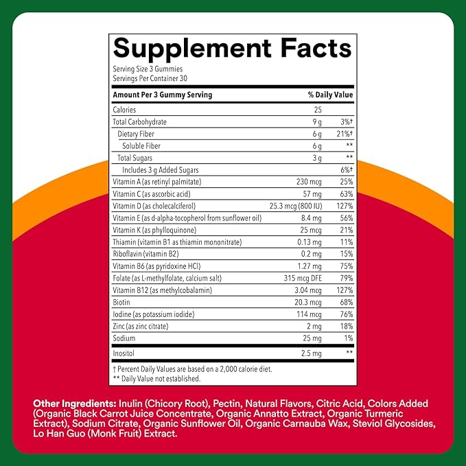 SmartyPants Fiber Supplement & Multivitamin for Men & Women, Prebiotic Fiber Gummies with Omega 3 (DHA/EPA), Vitamin D3, C, Vitamin B12, B6, A, K & Zinc, 90 Count (30 Day Supply)