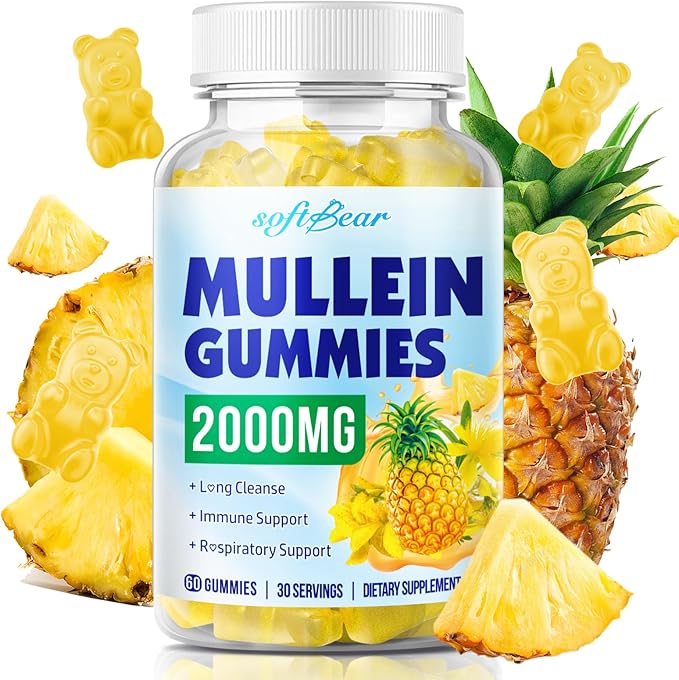 softbear Mullein Gummies for Lungs, 2000mg Mullein Leaf Extract Supplement for Respiratory & Digestive & Immune Support, Organic, Vegan, Sugr-Free, Pieneapple Flavor 60 Count