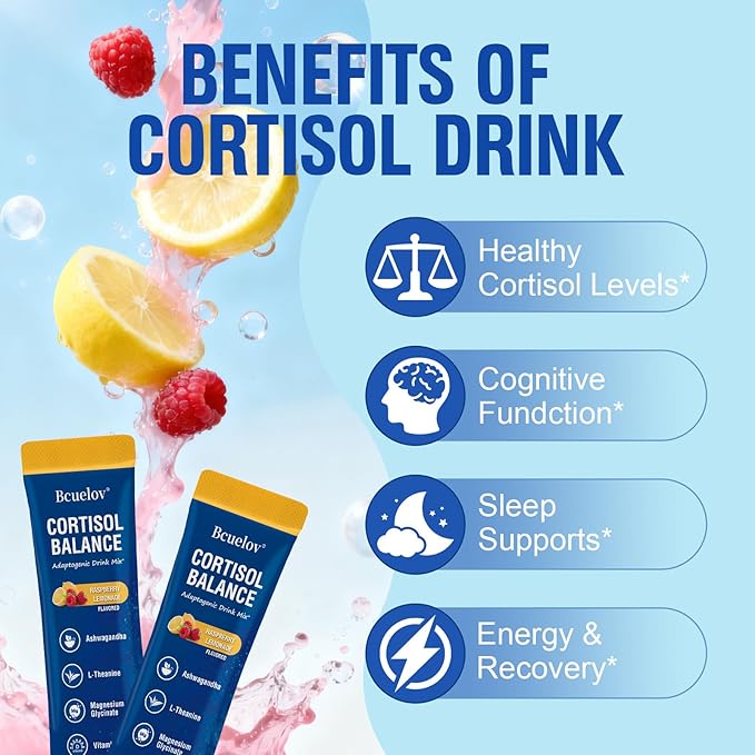 Cortisol Drink Mix, Cortisol Supplements for Women Men with Magnesium Glycinate, Ashwagandha, L-Theanine, Vitamin D 3 for Sleep & Relaxation, On The Go, 30 Ct (Raspberry Lemonade Flavor)