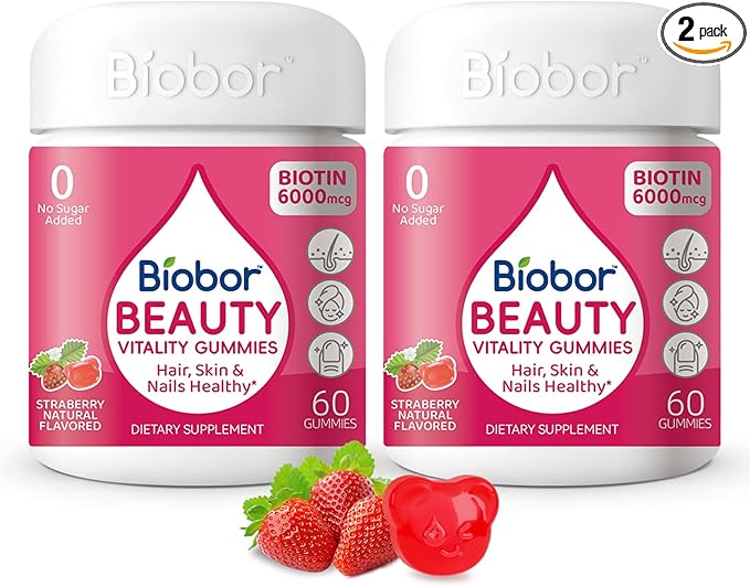 Biobor Beauty Gummies, Natural 6000mcg Biotin Gummies for Women Men, No Sugar Added Hair Skin and Nails with Vitamins A C E, GMO Free, Gluten Free,120 Count