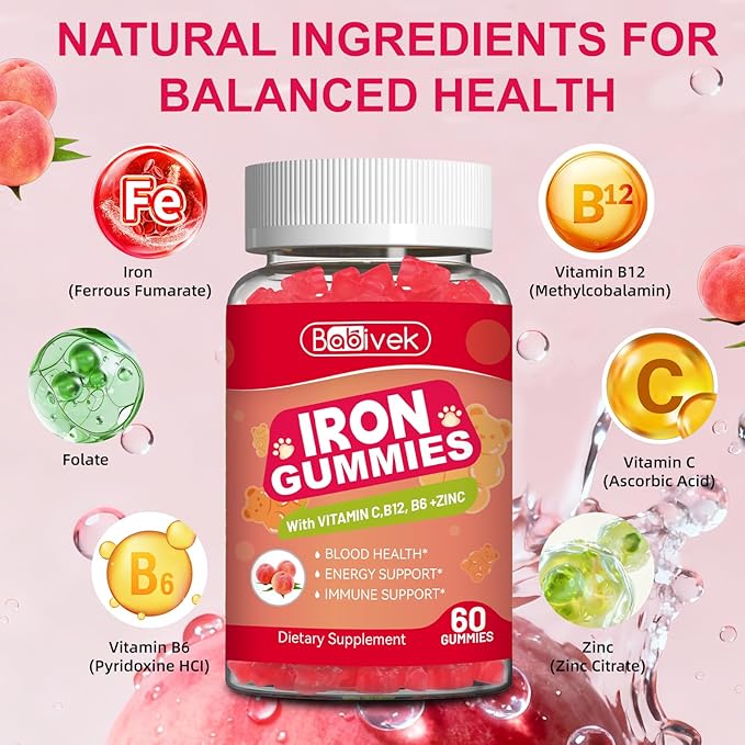 Iron Supplement Gummies for Women & Men - Iron Gummies with Folate Vitamin C B12 B6 Zinc, Peach Flavor, Vegan 60 Gummies