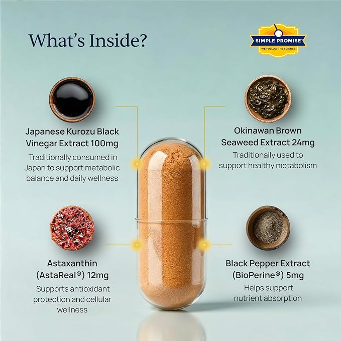 Simple Promise TrimKai - Japanese Black Vinegar Capsules for Metabolism Support - with Astaxanthin 12mg, Seaweed & Black Pepper Extract - Plant-Based Formula - 30 Capsules