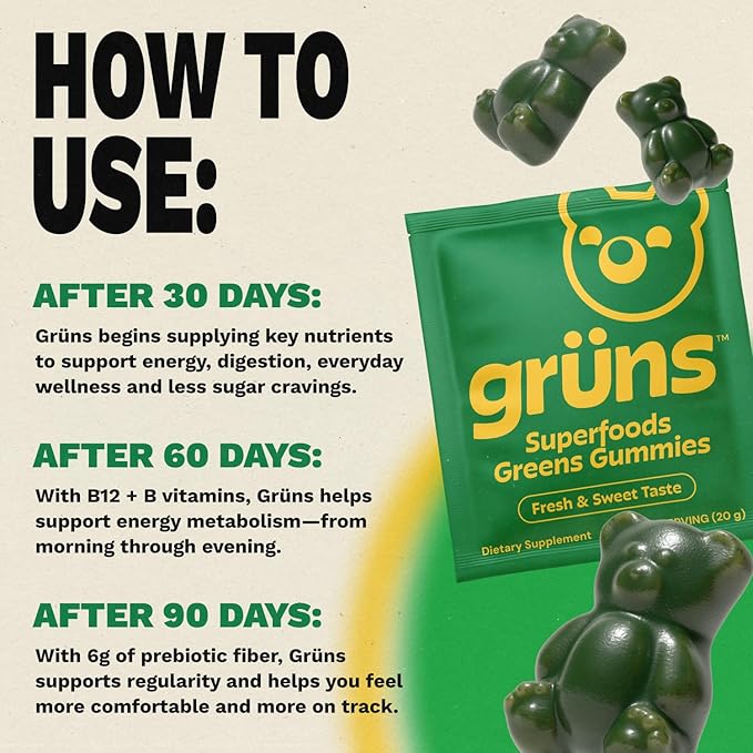 Gruns Adults Super Greens Gummies, Multivitamin Superfood Gummy Bears, Spirulina, Chlorella, Prebiotics & Fiber Gummies for Digestive Health, Adaptogens Supplement, 20 Vitamins & Minerals, 10 Count