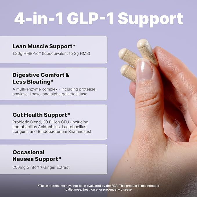 AONIC 3-in-1 GLP-1 Companion Supplement - HMBPro™ to Support Maintenance of Lean Muscle, probiotic and Enzyme Blend to Support Digestion, Ginger Extract to Help Reduce Nausea and Bloating (90 Caps)