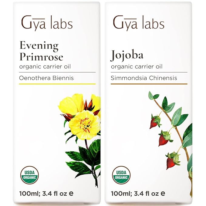 Gya Labs Organic Evening Primrose Oil for Dry Skin & Jojoba Oil for Hair Set - Aromatherapy Grade Essential Oils Set - 2x3.4 fl oz