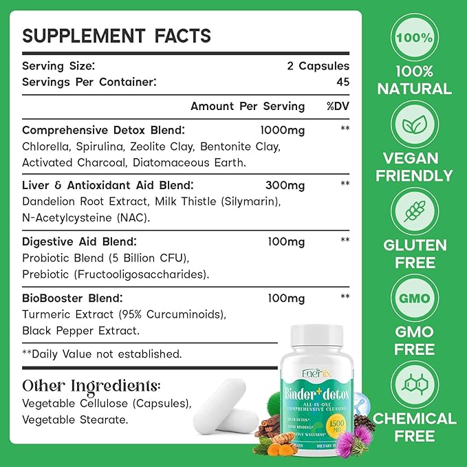 15-in-1 Detox Binder, Activated Charcoal, Zeolite & Bentonite Clay, Chlorella, 1500 MG Detox Supplement Maximum Absorbent, Liver Gut Digestive Detox Cleanse, 180 Vegan Capsules
