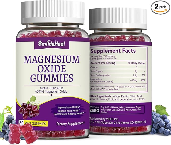 2 Pack Magnesium Oxide Gummies 400mg, Chewable Magnesium Oxide Supplement for Adults, Nerve & Muscle Support - Sugar-Free, Vegan,120 Count