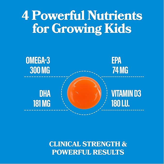 DAIKEN High Concentration Kids Fish Oil Omega-3 Gummies, No Sugar Added, Individually Wrapped, 300 mg Omega-3 (DHA & EPA) with Vitamin D3 for Kid, 30 Count, Tropical Fruit Flavor, Norwegian Sourced