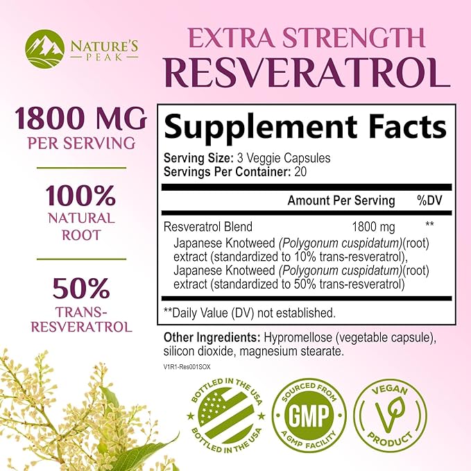 100% Natural Resveratrol 1800mg - 3X Strength Trans-Resveratrol Pills for Heart Health, Best Resveratrol Supplements, Potent Polyphenols Antioxidant Complex, Non-GMO, Bottled in USA - 60 Capsules