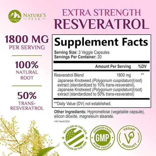 100% Natural Resveratrol 1800mg - 3X Strength Trans-Resveratrol Pills for Heart Health, Best Resveratrol Supplements, Potent Polyphenols Antioxidant Complex, Non-GMO, Bottled in USA - 60 Capsules