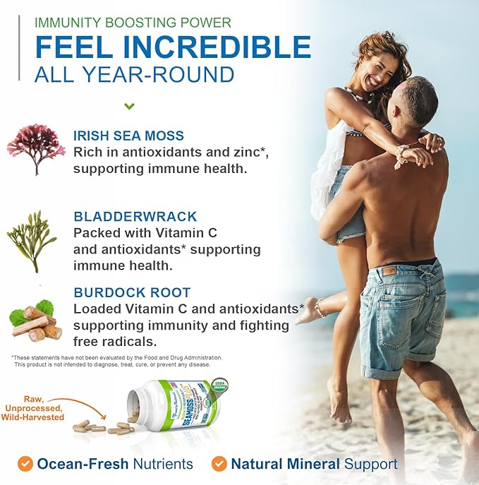 Power By Naturals Sea Moss Plus – USDA Organic Irish Sea Moss Capsules with Bladderwrack & Burdock Root – Immune Support for Adults – Vegan, Non-GMO, Gluten-Free – 60 Capsules (1-Month Supply)