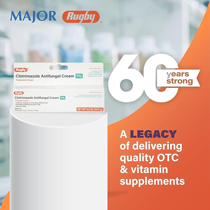 Rugby Clotrimazole Antifungal Cream 1% - Treatment Cream - Helps Provide Soothing Itchy Skin Relief - 0.5 Oz. (2 Pack)