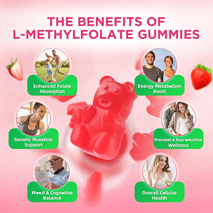 softbear L-Methylfolate Gummies 15mg for Kids & Adults, Organic Methylfolate Supplement 5-MTHF Plus Methyl B12, B1, B2, B6 Support MTHFR Gene, Cognition Function, Strawberry Flavor 120 Count