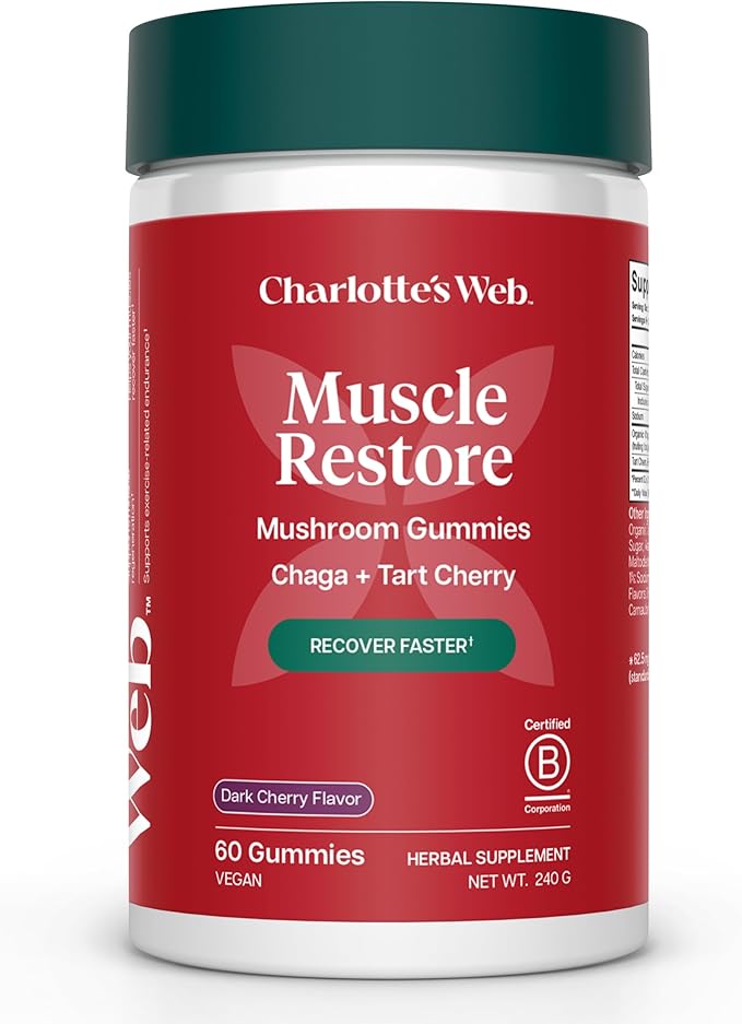 Charlotte's Web Muscle Restore Mushroom Gummies for Adults — Chaga & Tart Cherry Supplement for Muscle Recovery and Fatigue — Vegan, Kosher, Non-GMO (Dark Cherry Flavor, 30 Servings)