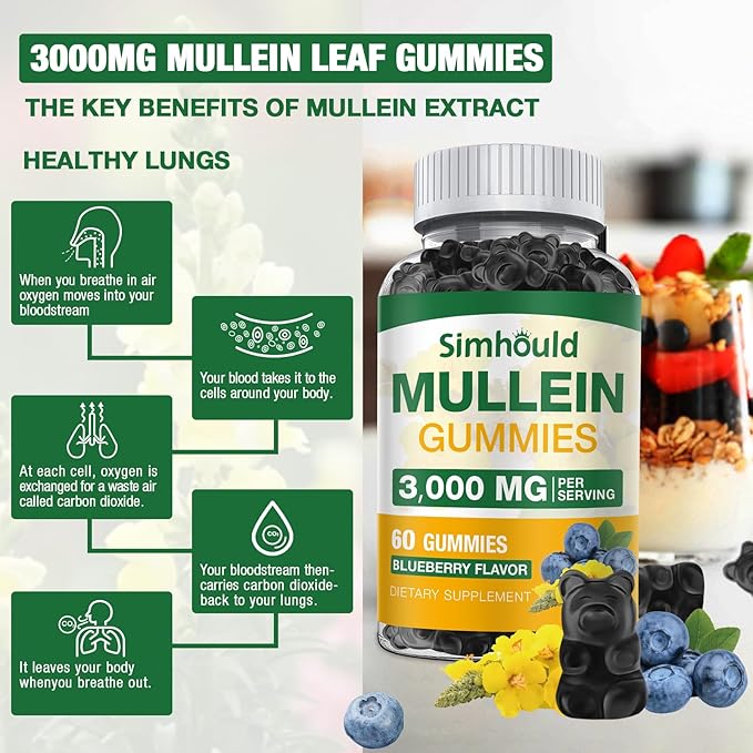 Simhould 1 Pack Sugar Free 3000MG Mullein Gummies - Lung Cleanse, Mullein Leaf Extract Supplement for Respiratory, Organic Mullein Drops with Quercetin & Bromelain for Lung, Digestive Health & Immune
