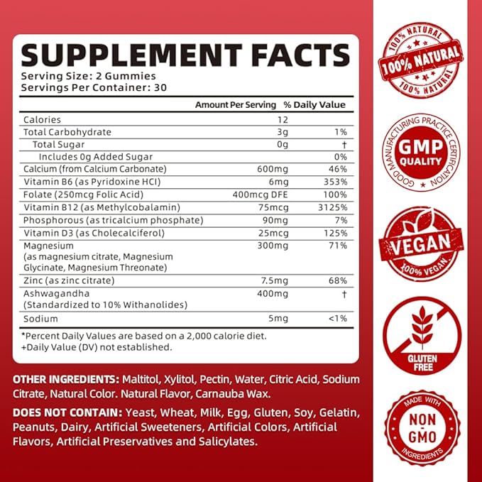 softbear Calcium Magnesium Zinc Gummies for Women, Calcium Magnesium Supplement with Vitamin D3 for Bone Strength, Vegan/Sugar-Free, Raspberry Flavor 60 Count