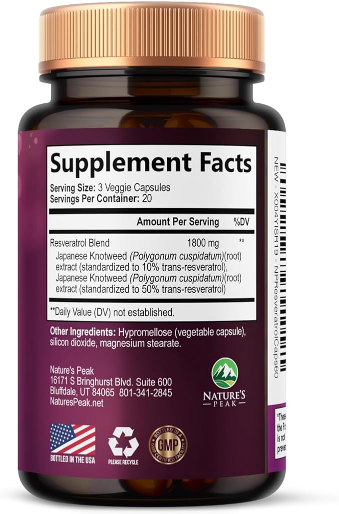 100% Natural Resveratrol 1800mg - 3X Strength Trans-Resveratrol Pills for Heart Health, Best Resveratrol Supplements, Potent Polyphenols Antioxidant Complex, Non-GMO, Bottled in USA - 60 Capsules