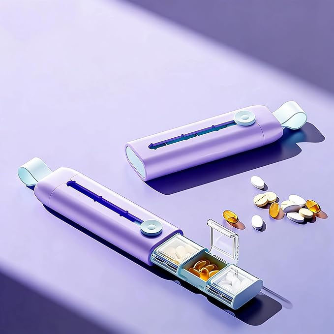 Travel Pill Organizer with 3 Compartments Pill Case,Portable Compact Daily Pill Box,Pill Holder for Vitamins,Cod Liver Oil, Supplements and Medication (Cream) (Purple)