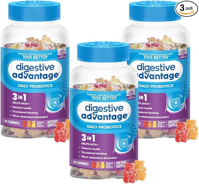 Digestive Advantage Daily Probiotic Gummies for Digestive Health, Gut Health & Immune Support, Probiotics for Men and Women (80ct) - Delicious Natural Fruit Flavor* (Pack of 3)