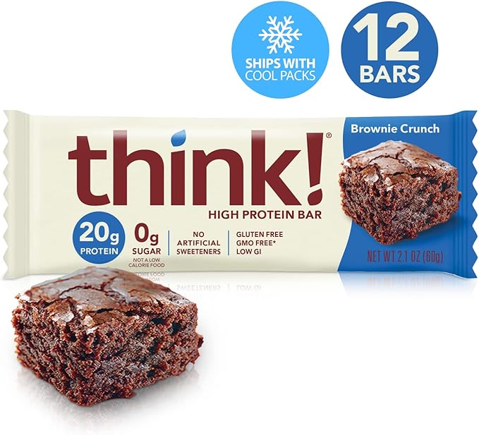 think! Protein Bars, High Protein Snacks, Gluten Free, Sugar Free Energy Bar with Whey Protein Isolate, Brownie Crunch, Nutrition Bars without Artificial Sweeteners, 2.1 Oz (12 Count) (Pack of 2)