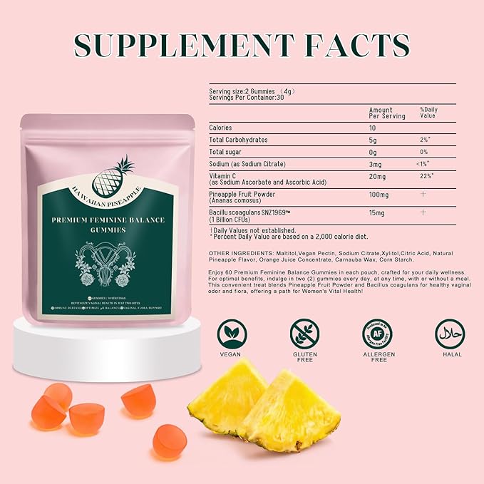 Premium Feminine Balance Gummies, Pineapple Vaginal Probiotics for Women, pH Balance Feminine Gummies for Immune Support, Vegan & Gluten Free, 60 Count (30 Servings)