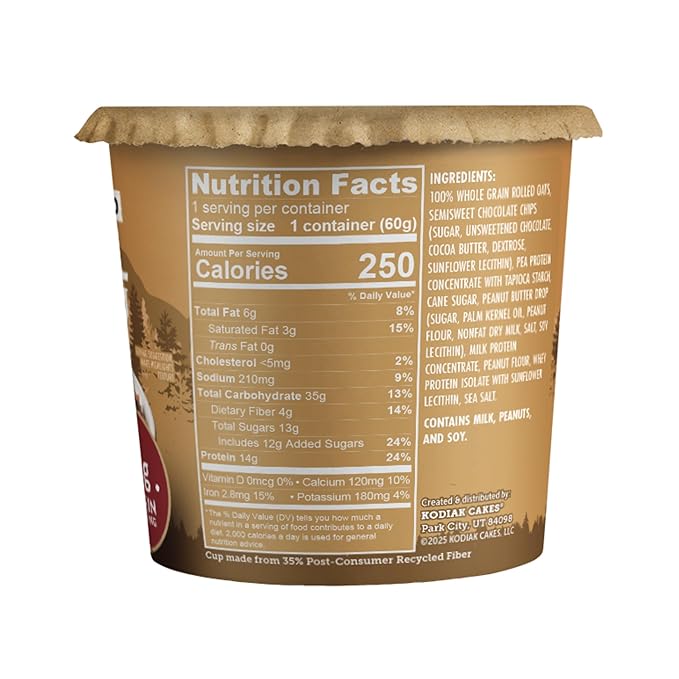 Kodiak Cakes Instant Oatmeal Cups, Peanut Butter Chocolate Chip, High Protein, 100% Whole Grains, (12 cups)