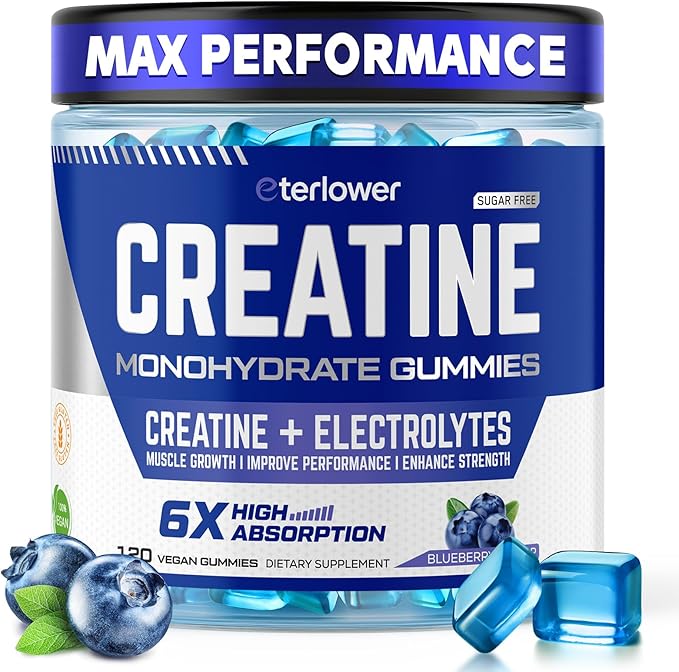 Creatine Monohydrate Gummies 5g – Pre-Workout Energy & Muscle Growth Support for Men & Women | Blueberry Electrolyte Gummies, 120 Count