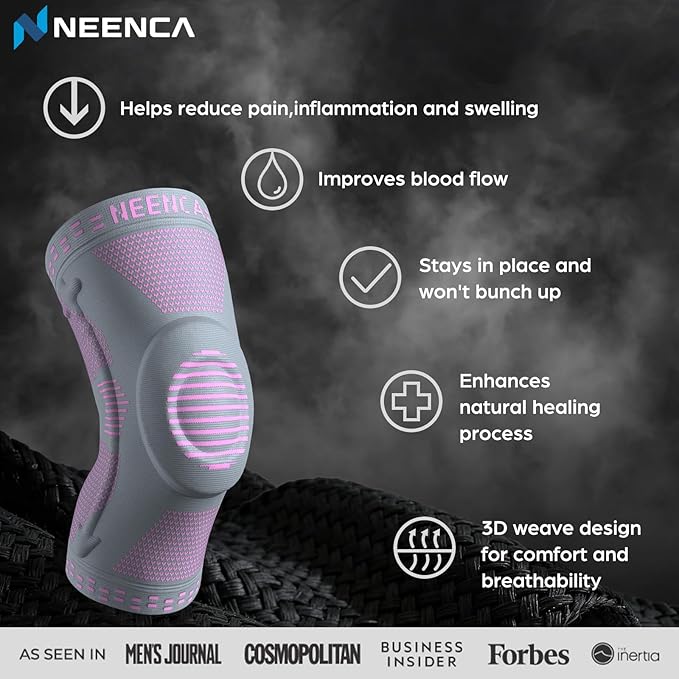 NEENCA Professional Knee Brace for Pain Relief, Medical Knee Support with Patella Pad & Side Stabilizers, Compression Knee Sleeve for Meniscus Tear, ACL, Joint Pain, Runner, Workout (Pink Gray, L)