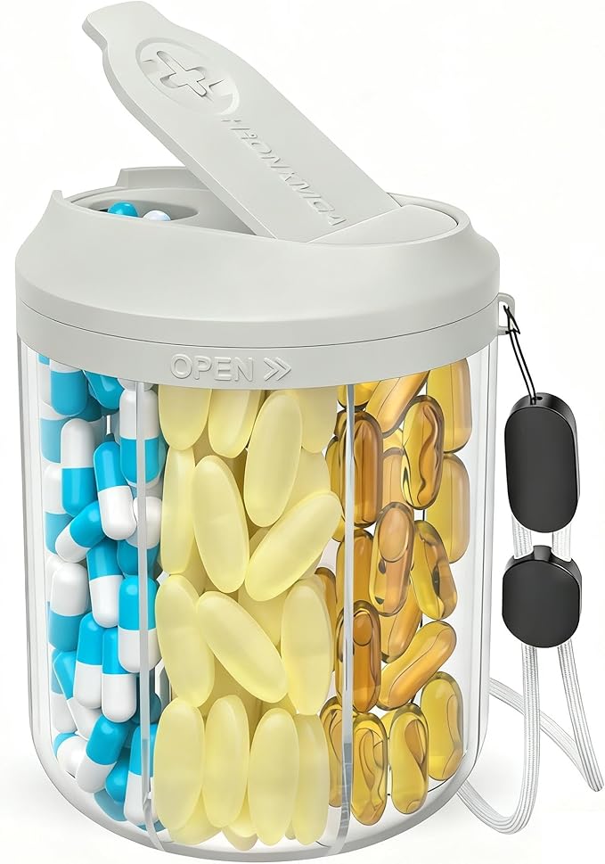 HIONXMGA Pill Dispenser with 7 Large Compartments, Pill Organizer for Travel, Supplement Organizer with Anti-Mixing Design, BPA-Free Pill Container with 20 Pcs Labels, Grey
