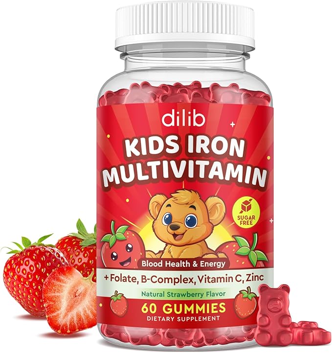 Iron Supplement Gummies for Kids, Kids Multivitamin with Iron Gummies - Zinc, Vitamin B Complex, A, C, D3, B12, Folate for Blood Builder & Energy Support, Iron Deficiency, Vegan Strawberry 60 Gummies